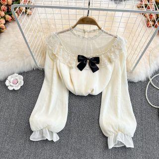 Long-sleeve Lace Panel Faux Pearl Bow Blouse