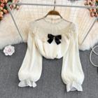 Long-sleeve Lace Panel Faux Pearl Bow Blouse