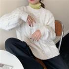 Plain Turtle-neck Long-sleeve Top / Cable Knit Loose-fit Sweater
