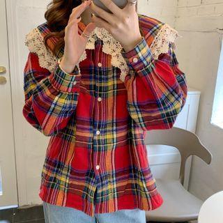 Lantern-sleeve Lace Trim Plaid Shirt Red - One Size