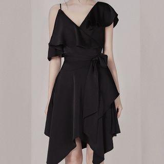 Asymmetric Ruffle Trim Tie-waist Mini Dress