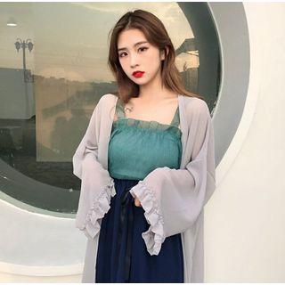 Set: Plain Chiffon Tank Top + Wide-leg Pants / See-through Jacket