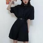 Set: Short-sleeve Button-up Romper + Belt