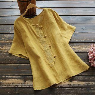 Elbow-sleeve Embroidered Frog Buttoned Top