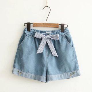 Carrot Embroidered Bow Denim Wide-leg Shorts As Shown In Figure - One Size