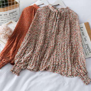 Ribbon-neckline Floral Loose Shirt