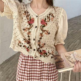 Short-sleeve Floral Embroidered Knit Panel Top