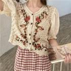 Short-sleeve Floral Embroidered Knit Panel Top