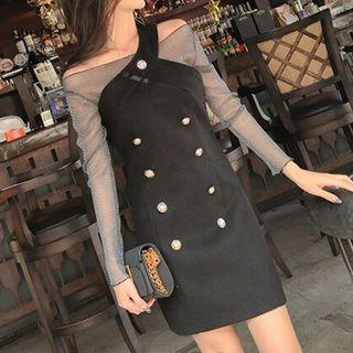Set: Off-shoulder Mesh Long-sleeve Top + Halter Button Detail Dress