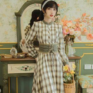 Plaid Lace Up Long-sleeve Midi A-line Dress