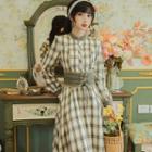 Plaid Lace Up Long-sleeve Midi A-line Dress