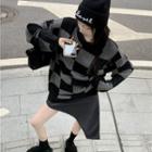 Checkered Sweater / Irregular A-line Skirt