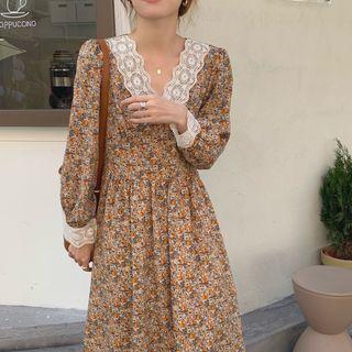 Long-sleeve Lace V-neck Floral Dress