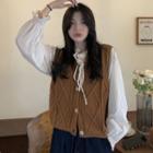 Cable Knit Button-up Vest / Flared-cuff Ruffle Trim Blouse