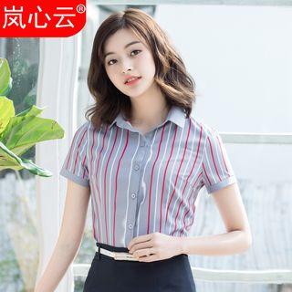 Striped Short Sleeve Shirt / Set: Short Sleeve Shirt + Plain Skirt