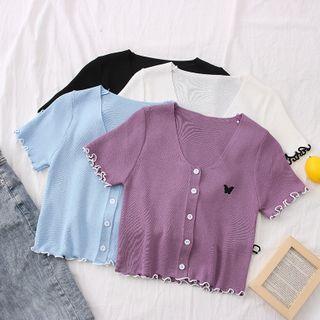 Butterfly-embroidered Ruffled-trim Crop Knit Top