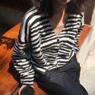 V-neck Zebra Print Knit Cardigan As Shown In Figure - One Size