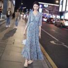 Elbow-sleeve Flower Print Maxi A-line Dress / Camisole Top