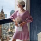 Lantern-sleeve Cable-knit Mini A-line Dress
