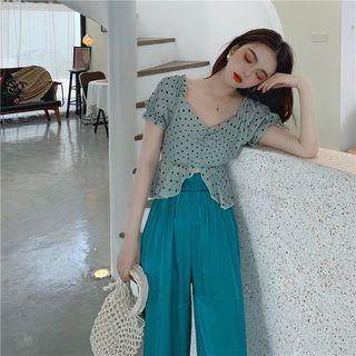 Short Sleeve Dotted Chiffon Top / Plain Wide-leg Pants