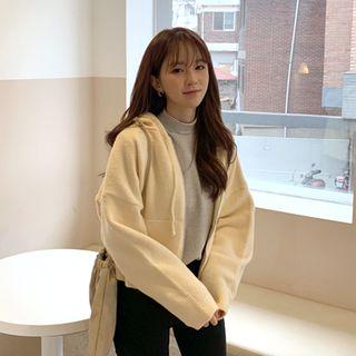 Kangaroo-pocket Zip-up Knit Hoodie Cream - One Size