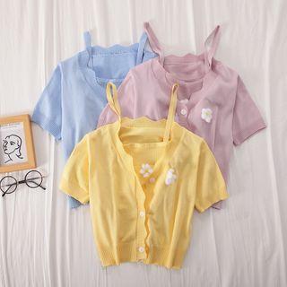 Set: Spaghetti Strap Knit Top + Short-sleeve Cardigan