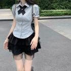 Short-sleeve Bow-accent Shirt + Layered Mini Skirt