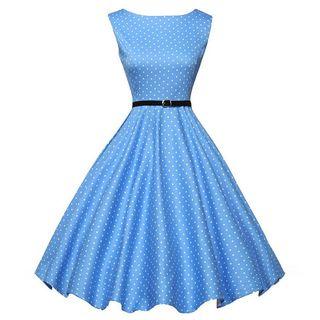 Polka Dot Sleeveless A-line Dress With Belt