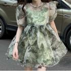 Short-sleeve Floral Mini A-line Dress Green - One Size