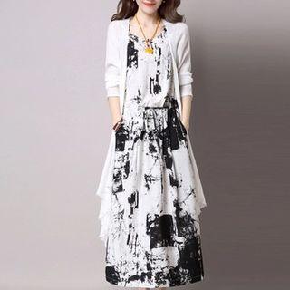 Set: Floral Print Sleeveless Dress + Light Jacket