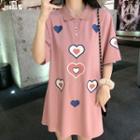 Elbow-sleeve Heart Printed A-line Mini Polo Dress