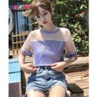 Mesh Panel Short Sleeve Glittered T-shirt
