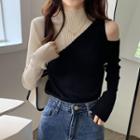 Semi High-neck Color Panel Off-shoulder Knit Top