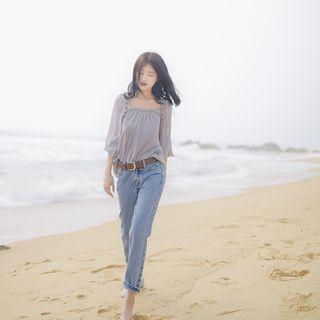 Lace-up Long-sleeve Chiffon Top