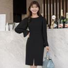 Pleated-sleeve H-line Midi Dress With Belt