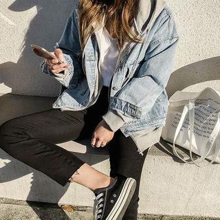 Distressed Denim Trucker Jacket Light Blue - One Size