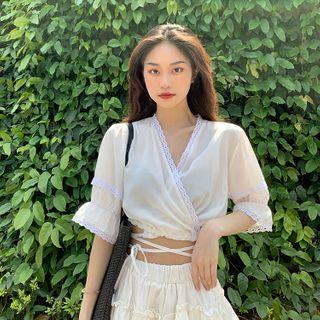 Lace Bell-sleeve Cropped Top / Ruffle Midi Skirt