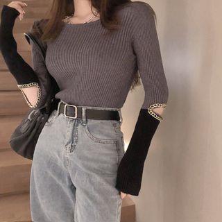 Chain-trim Cutout Knit Top Dark Gray - One Size