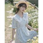 Short-sleeve Wide Collar Floral Midi A-line Dress