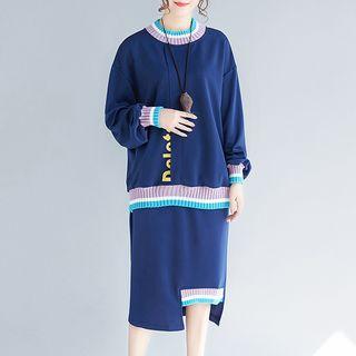 Set: Contrast Trim Pullover + Midi Straight-fit Skirt