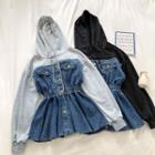 Denim Panel Hooded Long-sleeve Sweatshirt