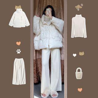 Padded Zip-up Coat / Long-sleeve Turtleneck Knit Top / Wide Leg Pants / Set