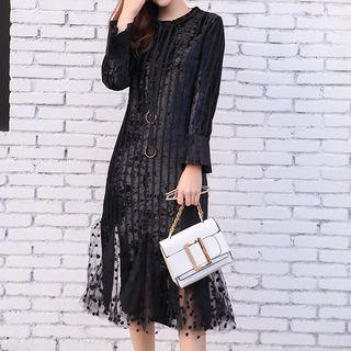 Dotted Mesh Panel Long Sleeve Velvet Dress