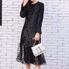 Dotted Mesh Panel Long Sleeve Velvet Dress