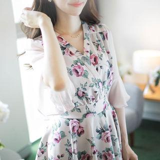3/4-sleeve Rose Print Mini Chiffon Dress