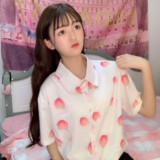 Short-sleeve Peach Printed Chiffon Shirt Shirt - Peach - One Size