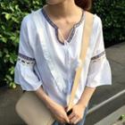 Pattern Trim V-neck Bell-sleeve Blouse