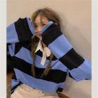 Long-sleeve Striped Loose-fit Polo-shirt Blue - One Size