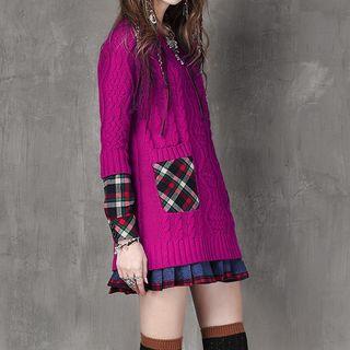 Long-sleeve Plaid Panel Knit Dress