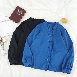 Plain V-neck Single-breasted Ruffled-trim Long-sleeve Top